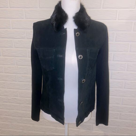 Vintage 90s Y2k Genuine Suede Jacket with Rabbit Fur Collar, Size Small, Black - Picture 1 of 9